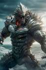 Close-up of angry armored monster and ocean. AI Generated. Art Print